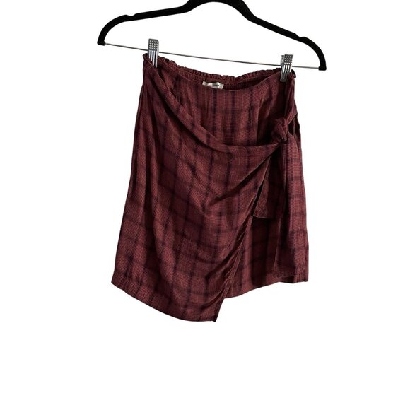 American Eagle Women S Maroon Plaid Grunge Punk High Waisted Wrap Mini Skirt NWT - Picture 1 of 9
